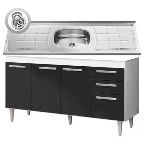 Balcão Gabinete Lis e Pia Inox 150cm 4 Portas Lis - Mpozenato - Branco/Preto