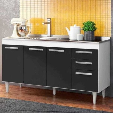 Balcão Gabinete Lis e Pia Inox 150cm 4 Portas Lis - Mpozenato - Branco/Preto