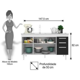 Balcão Gabinete de Pia 150cm 2 Gavetas 4 Portas Lis - Mpozenato - Branco/Preto - 4 Balcão Gabinete de Pia 150cm 2 Gavetas 4 Portas Lis - Mpozenato - Branco/Preto - 4