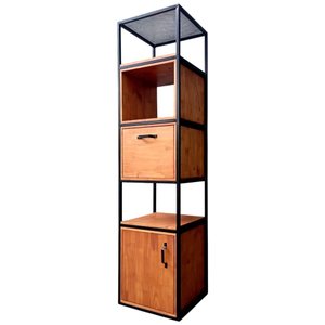 Estante Torre Estilo Industrial com 2 Portas - Ferro Cor Preta Madeira Cor Castanheira