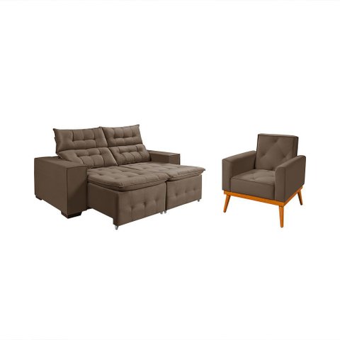 Kit Sofá Bari Retrátil Reclinável 1,90m Pillow + Poltrona Florença Espuma Premium - Amêndoa Veludo