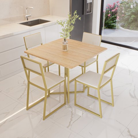 Conjunto Mesa de Jantar Quadrada Pinus 4 Cadeiras Estofado Riviera Industrial Dourado Don Castro Dec