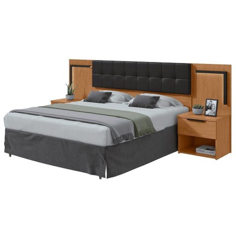 Cabeceira Casal 160cm 2 Mesas de Cabeceira com LED Calitan - Lp - Rei de Casa Amendoa Clean/Preto Fo