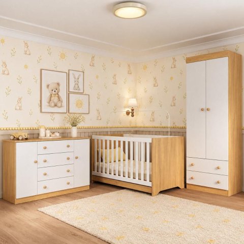 Quarto de Bebê Completo com Berço Americano 3 em 1/Guarda-Roupa/Cômoda Flor Multimóveis MP4941