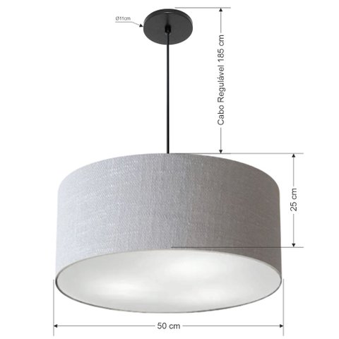 Lustre Pendente Cilíndrico Vivare Free Lux Pe-4386pr Cúpula em Tecido - 50x25cm