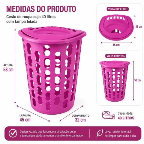 Cesto para Roupas Organizador Plástico Telado Lavanderia Quarto Banheiro Closet Rosa 40L