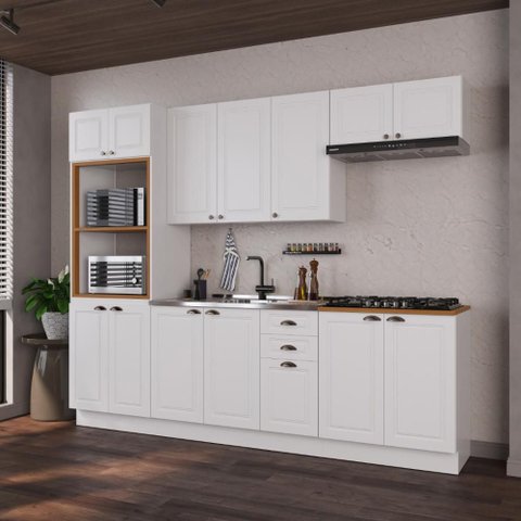 Armário de Cozinha Modulada Completa Fidelitá Nara 100% MDF 5 Peças 270cm 14 Portas 2 Gavetas sem