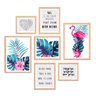 Conjunto Kit 7 Quadros Folhagem Folhas Com Flamingo Com Frases Moldura Madeira Crua - Oppen House Qu - 2