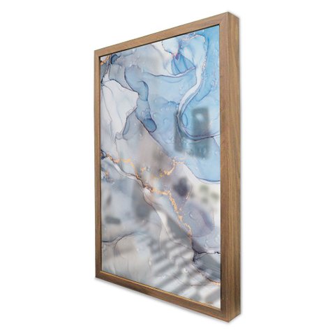 Quadro Decorativo Caixa Alta com Vidro Abstrato Mármore Azul Celeste TaColado Moldura Madeira 120 x 