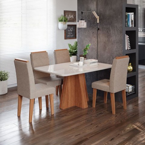 Sala de Jantar 4 Lugares Tampo de Vidro 130 cm Boudica Cinamomo/Linho Bege - Panorama Móveis