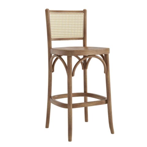 Banqueta de Madeira Cor Amêndoa com Encosto em Tela Rattan