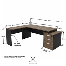 Escrivaninha Mesa Escritório em L Diretor 3 Gavetas 190cm Nogal E Preto - 3