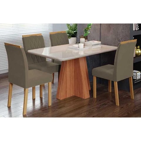 Conjunto: Mesa de Cozinha Maitê Tampo Madeirado C/ Vidro 130x80cm e 4 Cadeiras Juliana Cinamomo/off