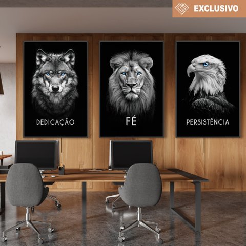 Kit 3 Quadros Decorativo Dedicação, Fé e Persistência Preto e Branco Sala Quarto Casa Escritório