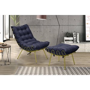Poltrona Costela com Puff Adão Dourado Veludo Azul Jotabe Mov
