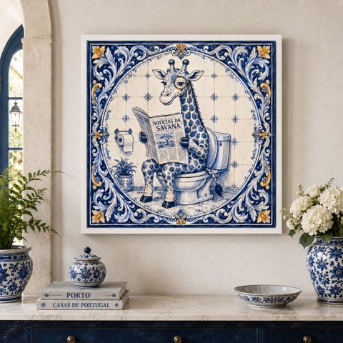 Quadro Banheiro Girafa Vaso Lendo Jornal 33x33 Mold Branca Vidro