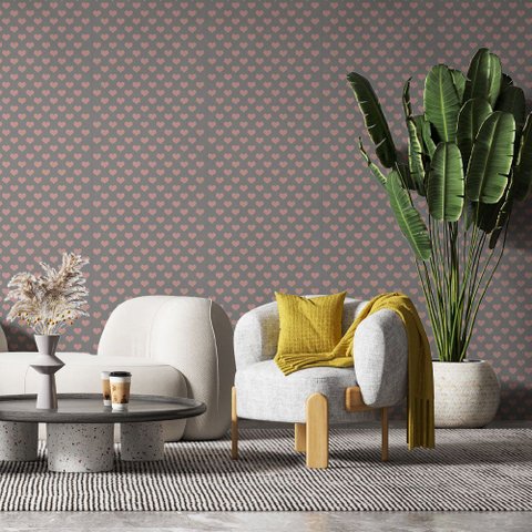 Papel de Parede Casual Cinza com Corações Rosas Gh Papel de Parede 2,5m