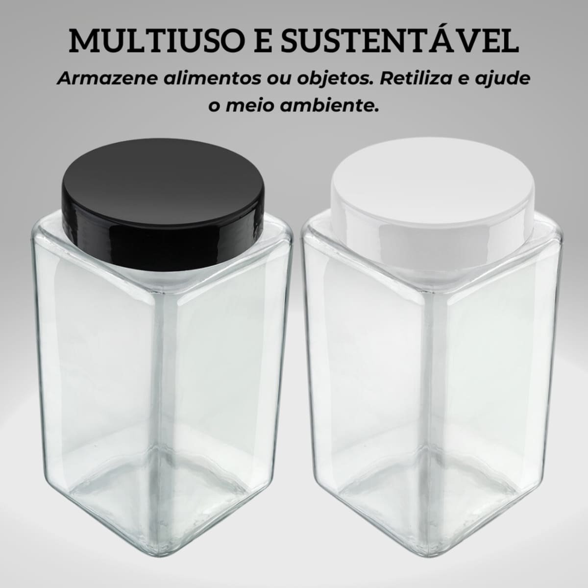 Kit 3 Potes de Vidro Quadrado Porta Mantimentos 2200ml - Preta - 5