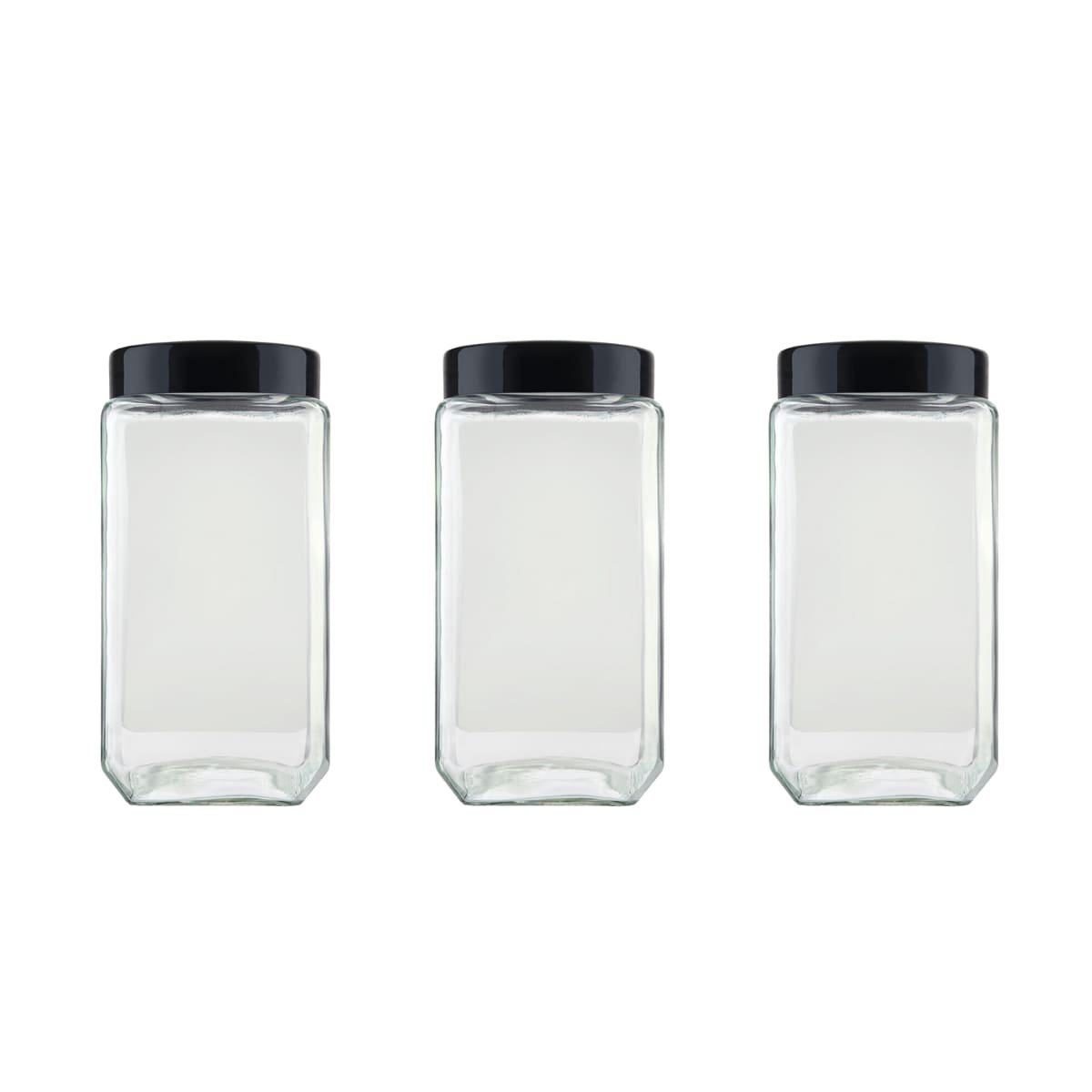 Kit 3 Potes de Vidro Quadrado Porta Mantimentos 2200ml - Preta