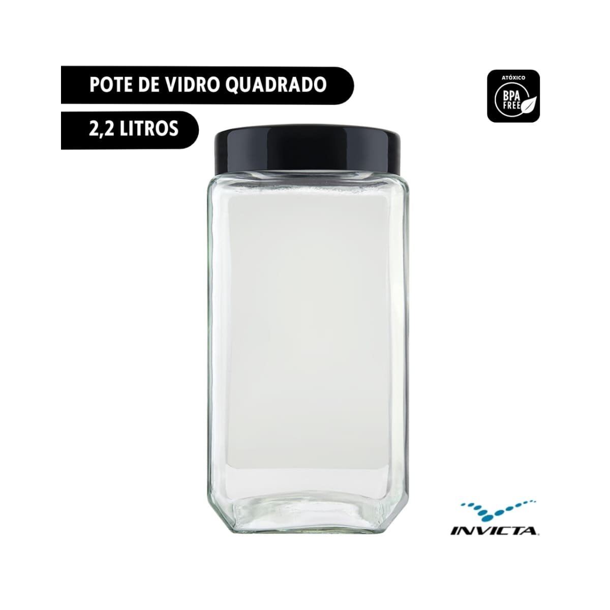 Kit 3 Potes de Vidro Quadrado Porta Mantimentos 2200ml - Preta - 3