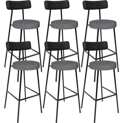 Kit 06 Banquetas Alta Cozinha Sala Jantar Milão L02 Couríssimo Preto Linho Cinza Escuro - Lyam