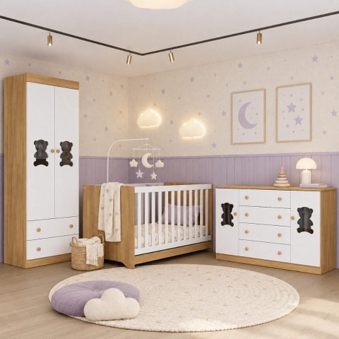Quarto de Bebê Completo com Berço Americano 3 em 1 e Colchão Incluso Flor Multimóveis MP4933
