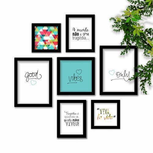 Composição Kit Com 7 Quadros Decorativos Good Vibes Fundo Branco E Verde Tiffany Moldura Preta - 1