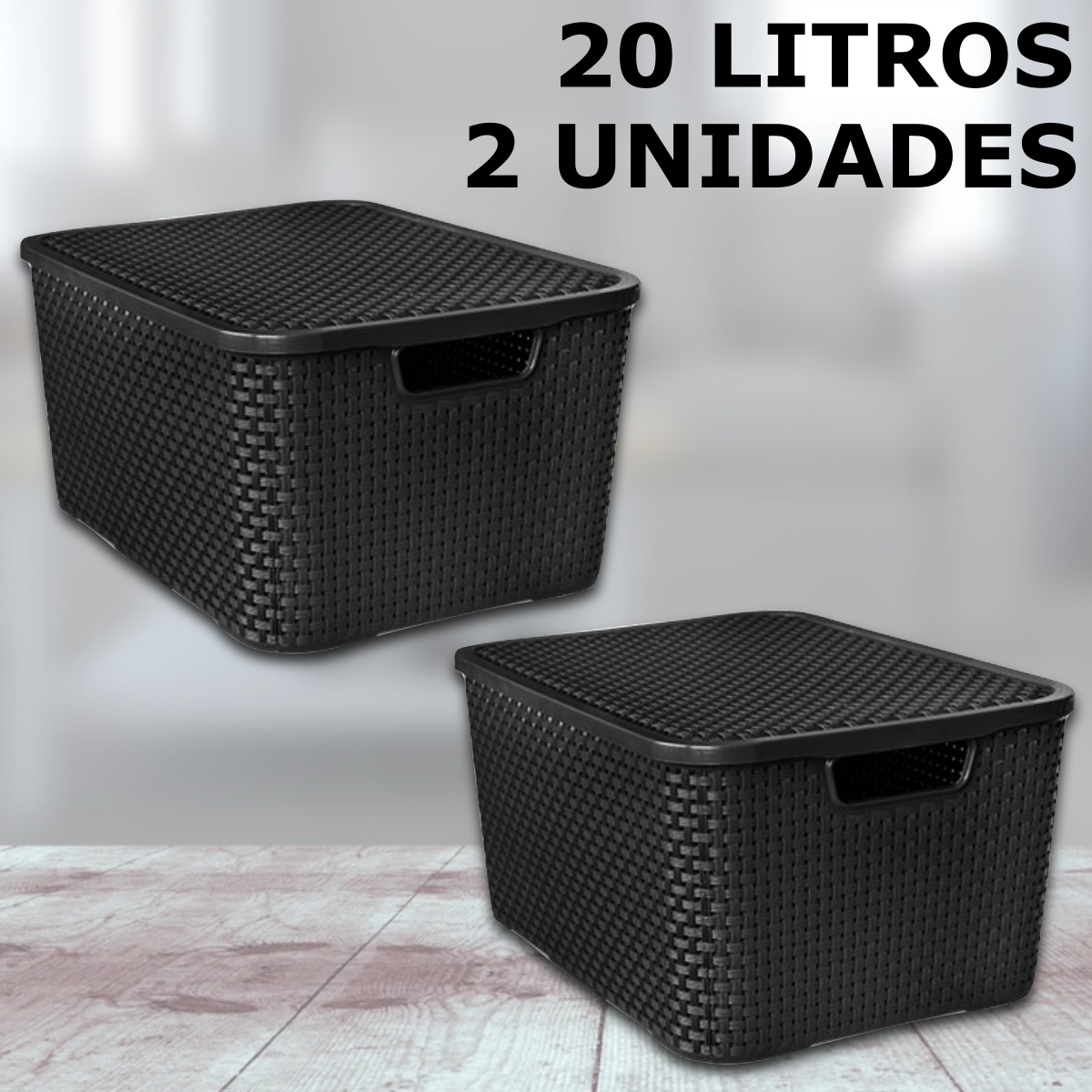 Kit 2 Caixa / Cesta Organizadora Grande 20 Litros Empilhavel Rattan Preta - Cesto Organizador 20l Pa - 9