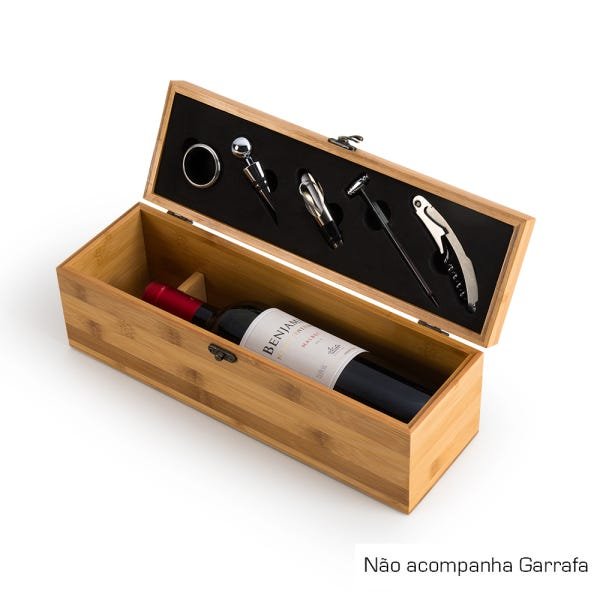 Kit vinho em caixa de bambu espaço para vinho 5 peças