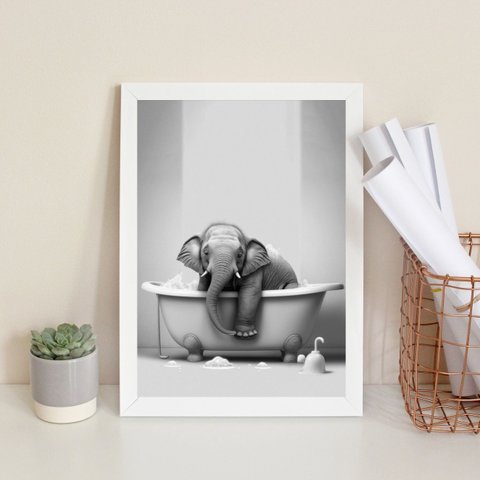 Quadro Banheiro Elefantinho - Hora do Banho 33x24cm - com Vidro:moldura Preta