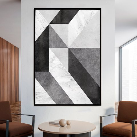 Quadro Decorativo Geométrico Mosaico Moderno em Moldura Caixa Tacolado Moldura Trad 1cm Preta com Vi