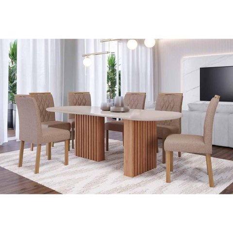 Sala de Jantar Completa Ester Tampo Madeirado Oval C/ Vidro 210x100cm e 6 Cadeiras Juliana Cinamomo/