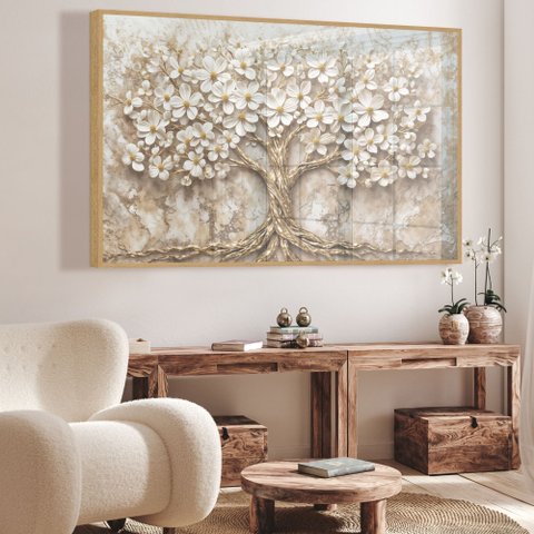 Quadro Decorativo Árvore da Vida Flores Brancas Fundo com Textura Sala Quarto Casa Escritório