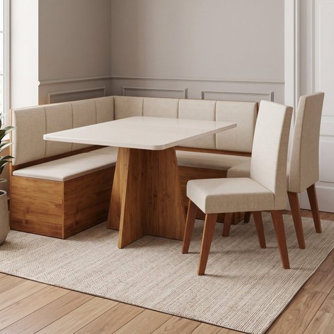 Conjunto Canto Alemão 5 Lugares 120cm com Tampo de Vidro