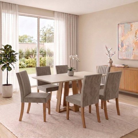 Conjunto Sala de Jantar Mesa Lisa 160cm com Tampo MDF Canto Reto 6 Cadeiras Lily