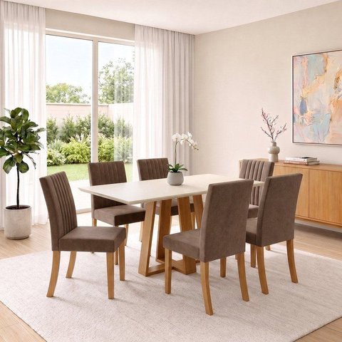 Conjunto Sala de Jantar Mesa Lisa 160cm com Tampo MDF Canto Reto 6 Cadeiras Lily
