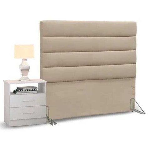 Cabeceira Cama Box Solteiro 90cm Greta Suede Bege e 1 Mesa de Cabeceira Branco - Mpozenato