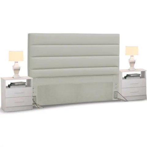 Cabeceira Cama Box Casal 140cm Greta Corano Bege e 2 Mesas de Cabeceira Branco - Mpozenato