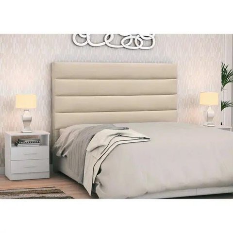 Cabeceira Cama Box Casal Queen 160cm Greta Suede Bege e 2 Mesas de Cabeceira Branco - Mpozenato