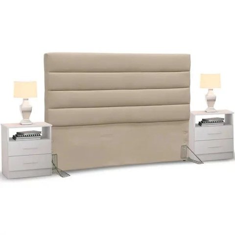 Cabeceira Cama Box Casal 140cm Greta Suede Bege e 2 Mesas de Cabeceira Branco - Mpozenato