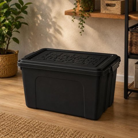 Container Caixa Plastica Grande 70L Preta com Tampa Trava Organizador Roupas Objetos Brinquedos Depo