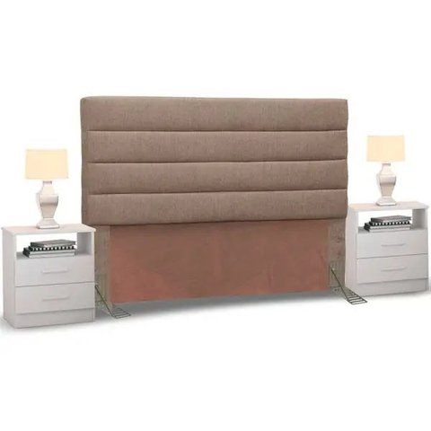 Cabeceira Cama Box Casal King 195cm Greta Linho Areia e 2 Mesas de Cabeceira Branco - Mpozenato