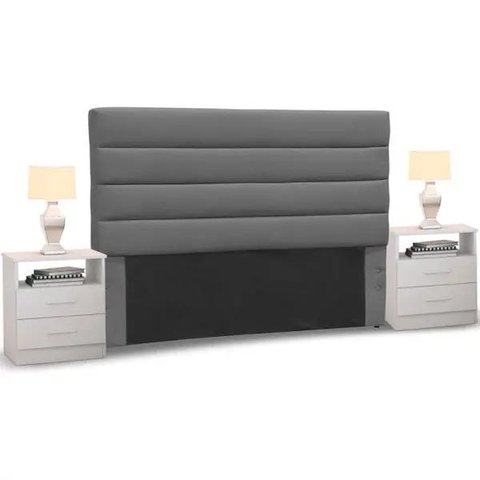 Cabeceira Cama Box Casal King 195cm Greta Suede Cinza e 2 Mesas de Cabeceira Branco - Mpozenato