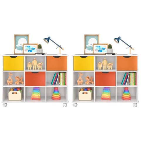 Kit 2 Nichos Organizadores com Rodízios Toys 3 Gavetas Branco/Colorido - Mpozenato