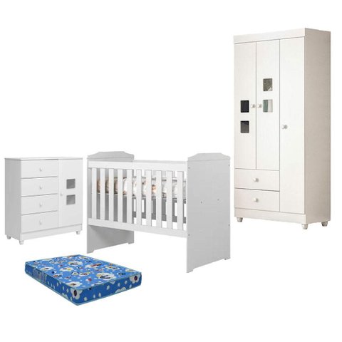 Quarto de Bebê Life com Berço Americano Carinho Branco Acetinado Colchão Americano Ortobom - Tigus