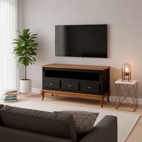 Rack para TV até 60 Polegadas 150 cm 3 Gavetas Pés Luis Xv em Madeira + Nicho