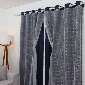 Cortina De Tecido Com Renda 3,00 X 2,30 Para Sala/quarto:Azul-marinho