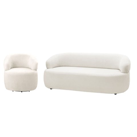 Conjunto Sofá e Poltrona Giratória Bárbara Luxo para Sala na Cor Bouclê-off White- Edecasamoveis