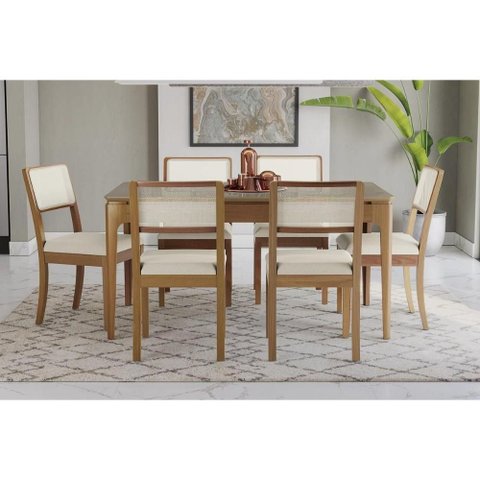 Mesa Cozinha Mira Premium Madeira Maciça C/ Tampo Madeirado C/ Vidro 160x90cm e 6 Cadeiras Lola