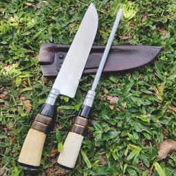 Faca e Chaira para Churrasco Aço Inox 8" Cabo de Osso Madeira - 2